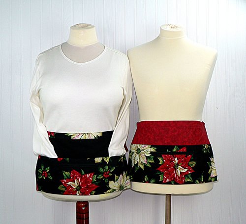 Red Tis the Season Poinsettia Multi-Pocket Teacher Apron, Xmas Vendor Apron with money pocket, Ready to Ship fits waist up to 40"