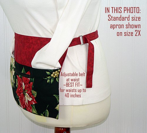 Red Tis the Season Poinsettia Multi-Pocket Teacher Apron, Xmas Vendor Apron with money pocket, Ready to Ship fits waist up to 40"