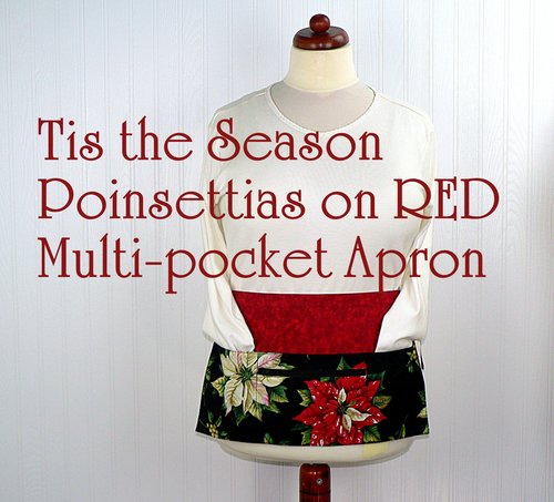 Red Tis the Season Poinsettia Multi-Pocket Teacher Apron, Xmas Vendor Apron with money pocket, Ready to Ship fits waist up to 40"