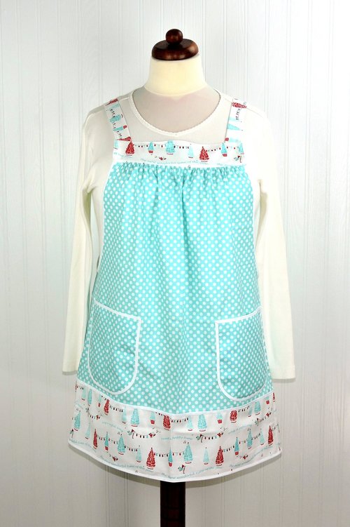 Tweet a Happy Tune Holiday Pinafore with no ties, relaxed fit smock with pockets, Christmas apron fits L-XL-2X ready to ship