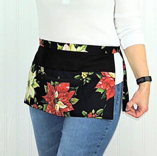 Black Tis the Season Poinsettias Multi-Pocket Apron, Xmas Vendor Apron with money pocket, ready to ship fits waists up to 40"