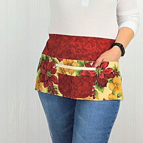 Christmas Floral Multi-Pocket Teacher Apron, Xmas Vendor Apron with money pocket, MADE to ORDER fits waists up to 40"