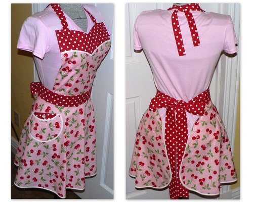 Pink Cherry Dot Twirly Skirt Apron (sweetheart neckline) flirty photo prop, retro diner apron with pocket, one size