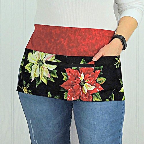 Red Tis the Season Poinsettia Multi-Pocket Teacher Apron, Xmas Vendor Apron with money pocket, Ready to Ship fits waist up to 40"