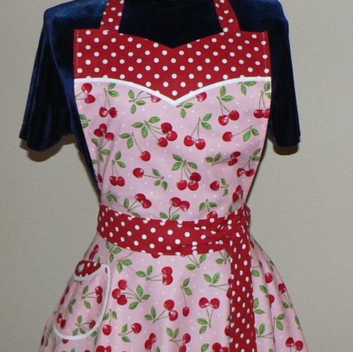 Pink Cherry Dot Twirly Skirt Apron (sweetheart neckline) flirty photo prop, retro diner apron with pocket, one size