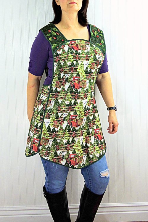 SHIPS FAST~ Retro 50s Christmas Smock, Pine Trees and Fences with old Red Trucks relaxed fit H-back apron, fits L/XL ready to ship