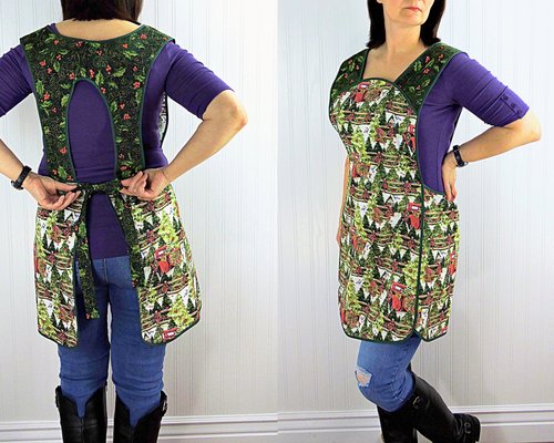 Retro 50s Christmas Smock, Pine Trees and Fences with old Red Trucks relaxed fit H-back apron, fits L/XL ready to ship