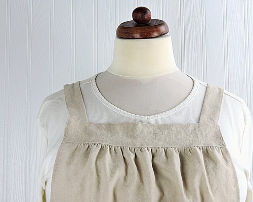 Natural (Sand) Washed Linen Pinafore Apron with no ties, 100% flax linen relaxed fit smock with pockets, handmade after order XS - 5X