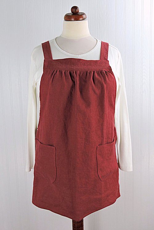 XS - 5X Dark Red Washed Linen Pinafore Apron with no ties, pure flax washed linen relaxed fit smock with pockets, handmade after order