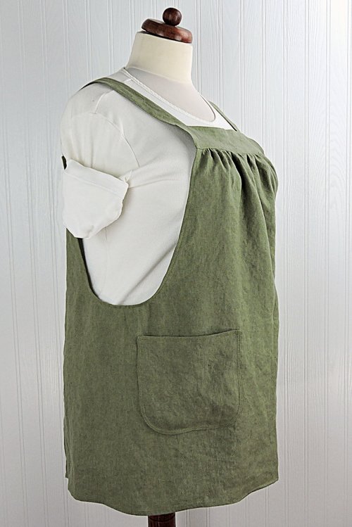XS - 5X Olive Green Washed Linen Pinafore Apron with no ties, 100% flax linen relaxed fit smock with pockets, handmade after order