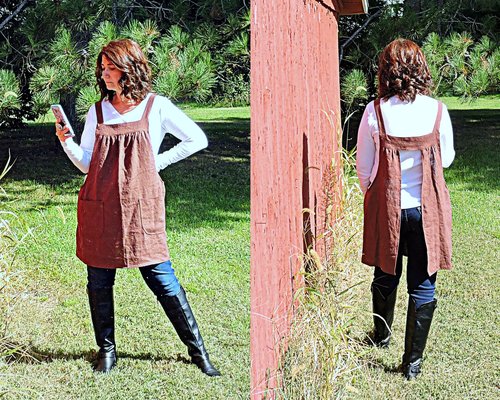 Brown Washed Linen Pinafore with no ties, 100% flax linen relaxed fit smock with pockets, made to order XS - 5X