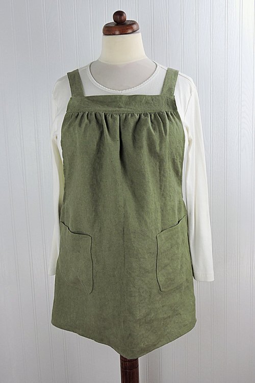 XS - 5X Olive Green Washed Linen Pinafore Apron with no ties, 100% flax linen relaxed fit smock with pockets, handmade after order