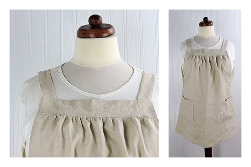 Natural (Sand) Washed Linen Pinafore Apron with no ties, 100% flax linen relaxed fit smock with pockets, handmade after order XS - 5X