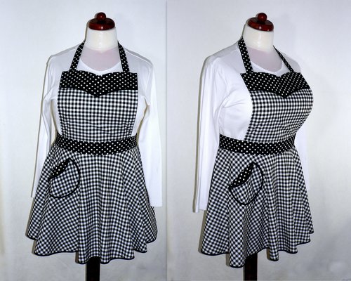 Black Gingham Twirly Skirt Apron, retro 50s circle skirt apron + sweetheart neckline, flirty kitchen apron with pocket, made to order