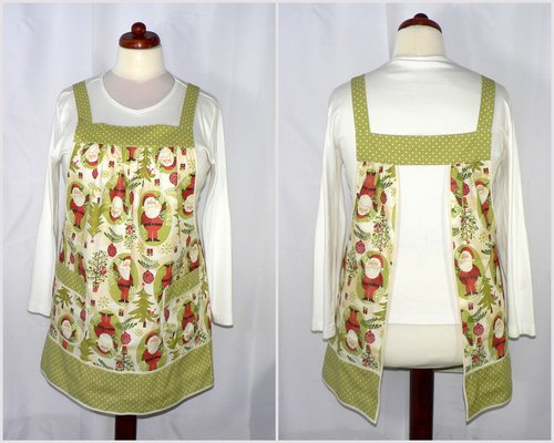 Woodland Christmas Pinafore with no ties, relaxed fit smock with pockets, holiday baking apron, Santa and owls, LAST ONE