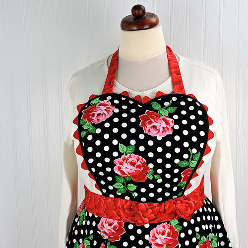 Retro 50s Twirly Skirt Apron (Polka Dots & Roses on black) heart-shaped bib, flirty photo prop, ready to ship gift for her