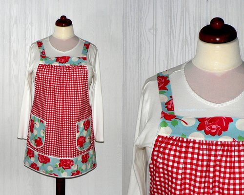 Red Gingham and Roses Pinafore with no ties, relaxed fit smock with pockets, retro floral kitchen apron XS to 5X