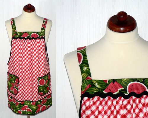 Watermelon Picnic Pinafore Apron with no ties, relaxed fit smock with pockets, retro farmhouse kitchen apron LAST ONE