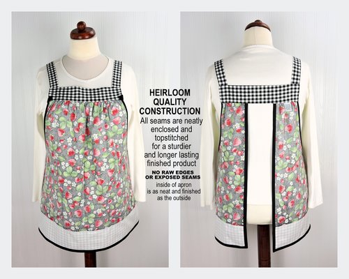XS to 5X Strawberry Patch Pinafore (with Black Gingham accents) has no ties, relaxed fit smock apron with pockets
