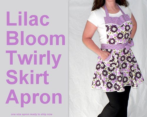 SHIPS FAST~ Lilac Bloom Twirly Skirt Apron, flirty kitchen apron; diner style; delightful party hostess accessory, Ready to Ship