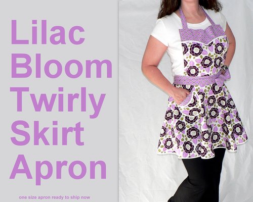Lilac Bloom Twirly Skirt Apron, flirty kitchen apron; diner style; delightful party hostess accessory, Ready to Ship