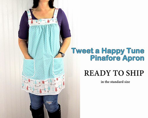 Tweet a Happy Tune Holiday Pinafore with no ties, relaxed fit smock with pockets, Christmas apron fits L-XL-2X ready to ship