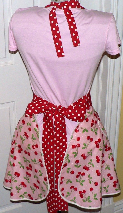 Pink Cherry Dot Twirly Skirt Apron (sweetheart neckline) flirty photo prop, retro diner apron with pocket, one size