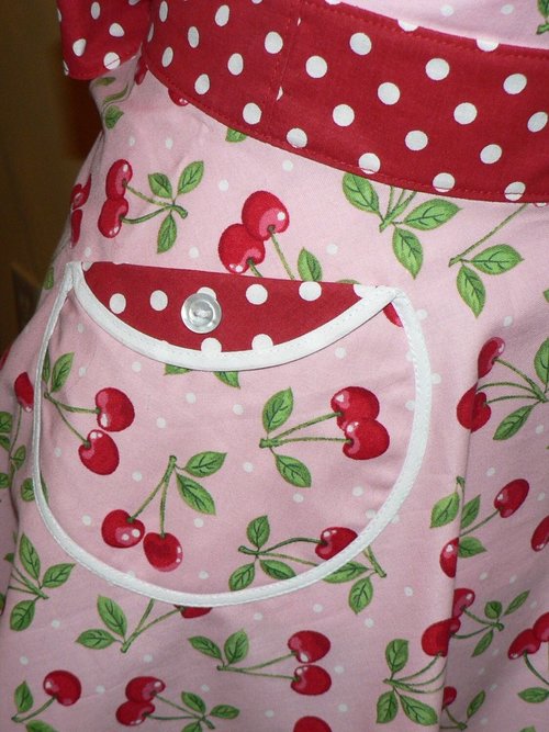 Pink Cherry Dot Twirly Skirt Apron (sweetheart neckline) flirty photo prop, retro diner apron with pocket, one size