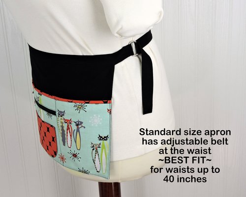 SHIPS FAST~ Atomic Tabby Cat Apron (teacher, waitress, artist) multi-pocket apron with zipper section, ready to ship fits waists up to 40"