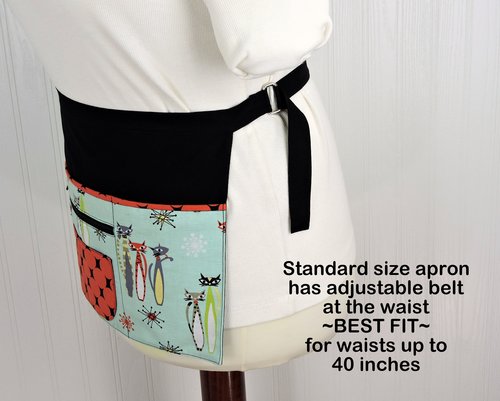 Atomic Tabby Cat Apron (teacher, waitress, artist) multi-pocket apron with zipper section, ready to ship fits waists up to 40"