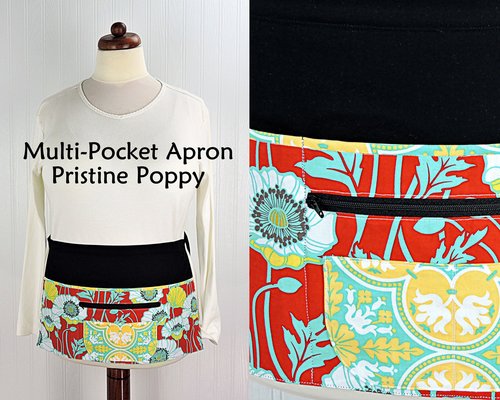 Pristine Poppy Multi-Pocket Apron for teachers, vendors, photographers, servers includes zipper money pocket 2 sizes