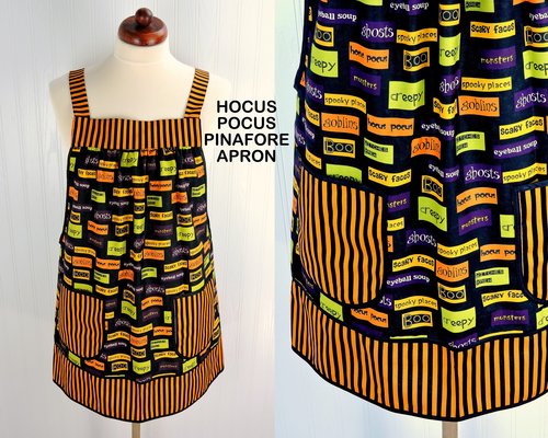 Hocus Pocus Halloween Pinafore Apron with no ties fits L/XL/2X , relaxed fit smock with pockets ready to ship