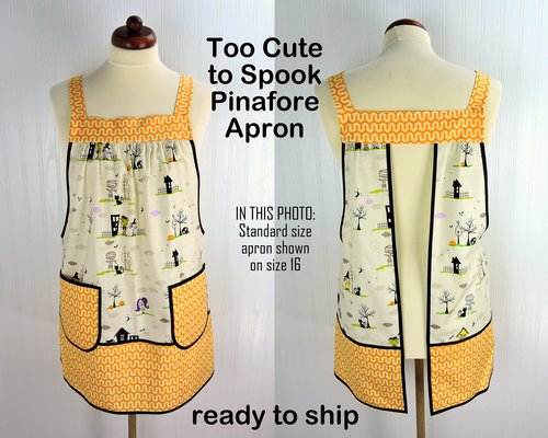 SHIPS FAST~ Too Cute to Spook Halloween Pinafore Apron with no ties fits L/XL/2X, relaxed fit smock with pockets ready to ship