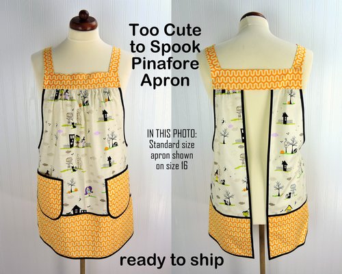 Too Cute to Spook Halloween Pinafore Apron with no ties fits L/XL/2X, relaxed fit smock with pockets ready to ship