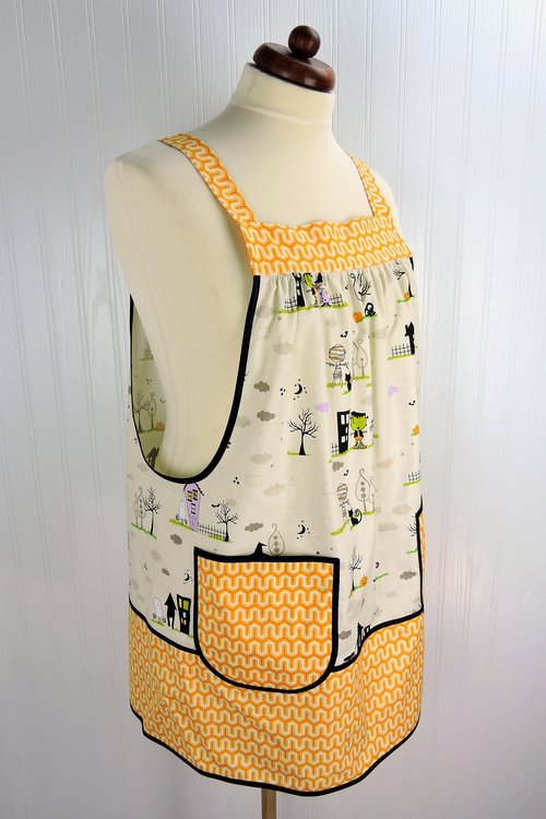 Too Cute to Spook Halloween Pinafore Apron with no ties fits L/XL/2X, relaxed fit smock with pockets ready to ship