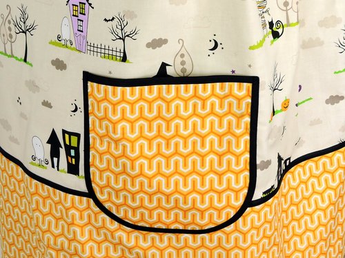Too Cute to Spook Halloween Pinafore Apron with no ties fits L/XL/2X, relaxed fit smock with pockets ready to ship