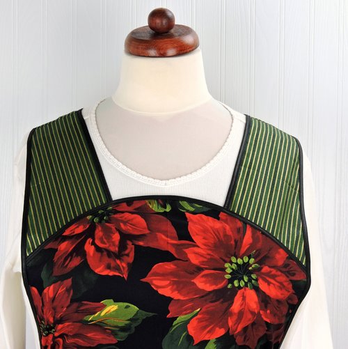 XS-4X Retro 50s Christmas Smock, Large Poinsettias on Black relaxed fit H-back apron with (optional) pockets