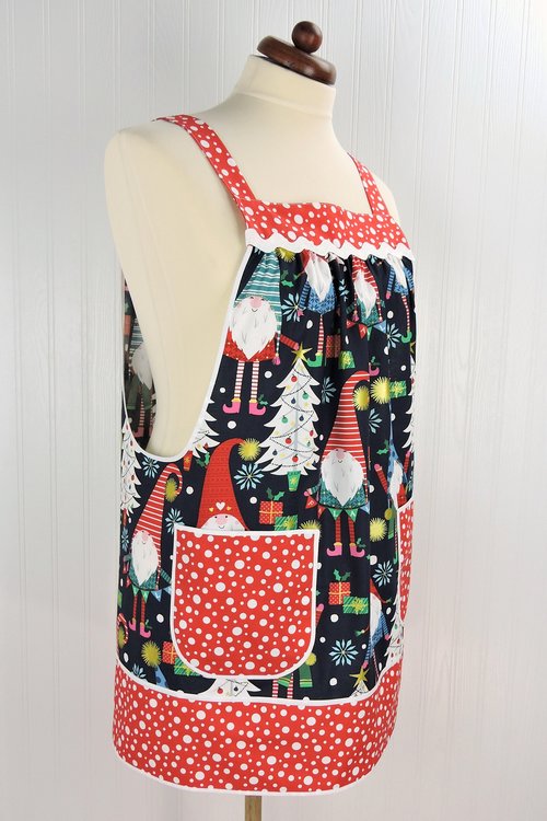 XS - 5X Plus Size Christmas Gnomes Pinafore with no ties, relaxed fit smock with pockets, over the head apron