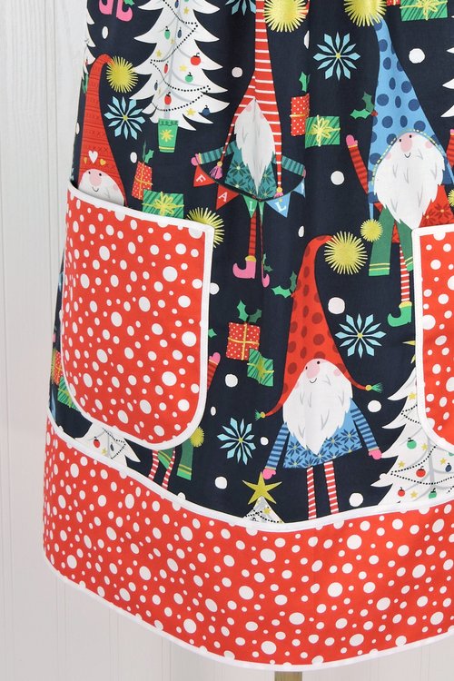 XS - 5X Plus Size Christmas Gnomes Pinafore with no ties, relaxed fit smock with pockets, over the head apron