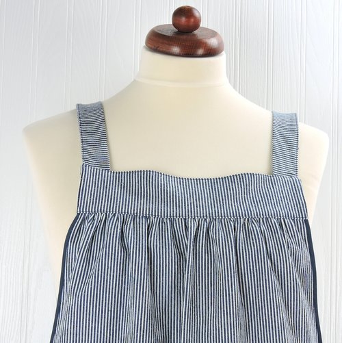 Indigo Railroad Stripe Denim Pinafore with no ties, relaxed fit blue jean apron, sturdy artist smock XS to 5X