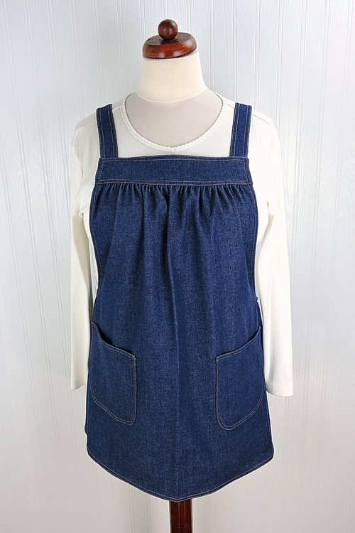 Indigo Denim Pinafore Apron with no ties (relaxed fit) very sturdy artist smock with pockets, made-to-order XS to 5X