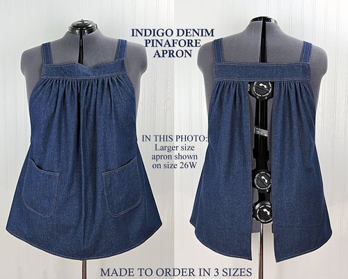 Indigo Denim Pinafore Apron with no ties (relaxed fit) very sturdy artist smock with pockets, made-to-order XS to 5X