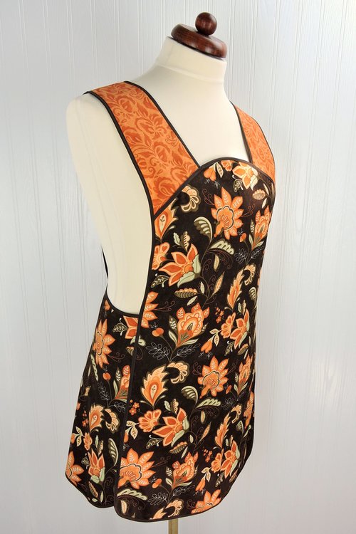 Fall Floral 50s Style Smock Apron, comfortable relaxed fit apron (H back style doesn't touch neck) last one fits L/XL, ships fast