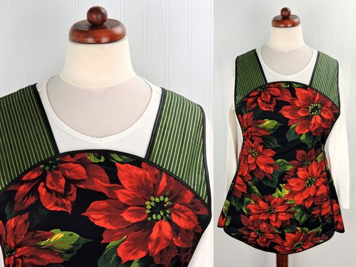 XS-4X Retro 50s Christmas Smock, Large Poinsettias on Black relaxed fit H-back apron with (optional) pockets