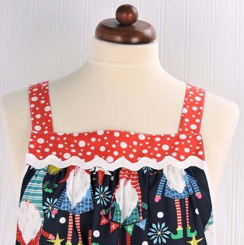 XS - 5X Plus Size Christmas Gnomes Pinafore with no ties, relaxed fit smock with pockets, over the head apron