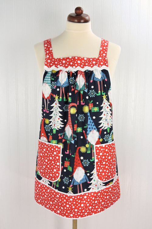 XS - 5X Plus Size Christmas Gnomes Pinafore with no ties, relaxed fit smock with pockets, over the head apron