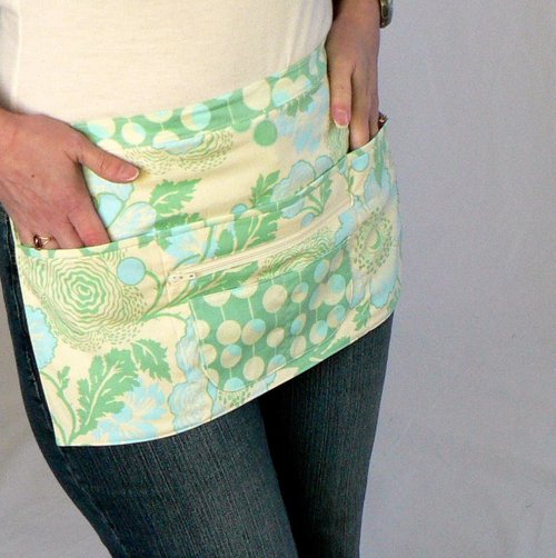 Multi-Pocket Apron with zipper money pocket for waitress, teachers, massage therapists, OOP Amy Butler Green Poppies 2 sizes made-to-order
