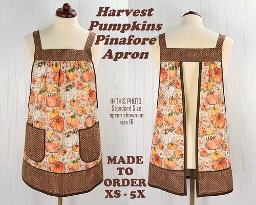 XS - 5X Harvest Pumpkins Pinafore with no ties, relaxed fit smock with pockets, fall apron, Susan Winget Harvest