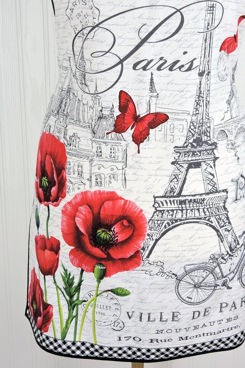 Ooh La La! Retro Chef Apron, pretty hostess apron, romantic Paris Toile with poppies and the Eiffel Tower, ties at neck and waist