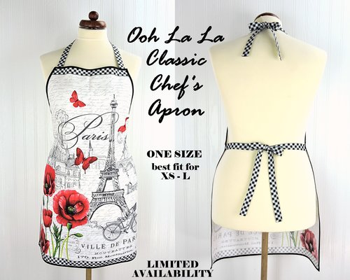 Ooh La La! Retro Chef Apron, pretty hostess apron, romantic Paris Toile with poppies and the Eiffel Tower, ties at neck and waist